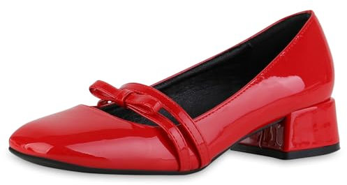 VAN HILL Damen Riemchenballerinas Blockabsatz Schleifen Klassisch Schuhe 216534 Rot Lack 37