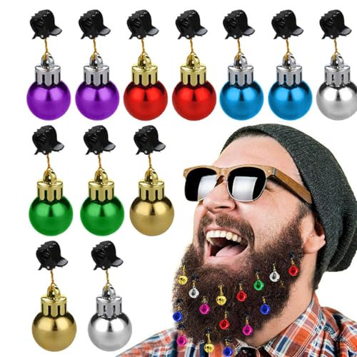 12 x Bart-Ornamente für Männer, Bart Weihnachtskugeln, Glühbirnenform, winzige Weihnachtsbartglocken, bunte Klang-Ringglocken, bunte Weihnachtsbart-Haarkugeln, Ornamente
