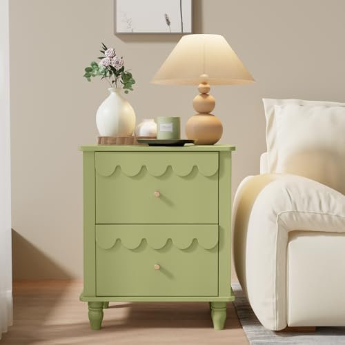 UEV Nachttisch 2er Set Boxspringbett Nachtschrank mit 2 Schubladen Nachtkommode Holz, Elegantes Design mit Wellenlinien Goldenen Griffen für Kinderzimmer Schlafzimmer Wohnzimmer 50x40x60cm Grün