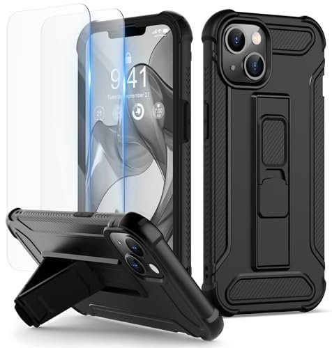 ORETECH for iPhone 14 Case, and [2 Pack 9H Anti-Scratch Tempered Glass Screen Protector] [Built-in Kickstand] Military Grade Shockproof Ultra Thin Silicone Bumper PC Hybrid Cover - Black