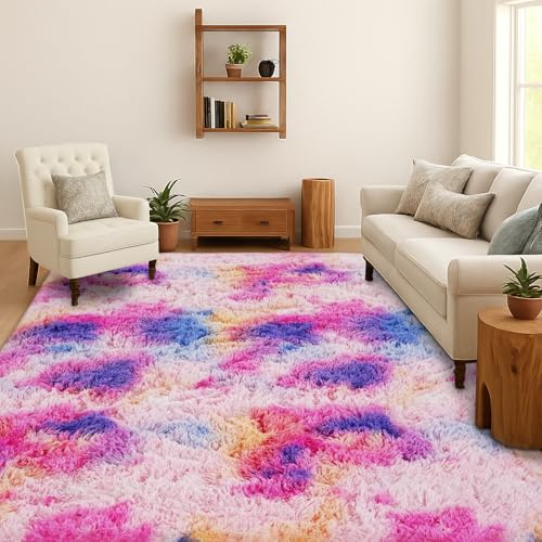 SOANNY Hochflor Teppich Wohnzimmer, Waschbar, Anti Rutsch, Flauschig, Tie-Dye Langflor Shaggy für Schlafzimmer Kinderzimmer, Bettvorleger Matte, 180 x 270 cm, Rosa Regenbogen