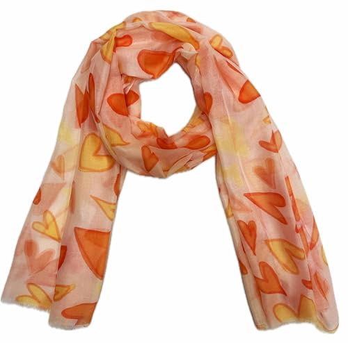Herz Schal aus Seidenmischung mit Heart Muster Tuch Sommer Frühling Herbst Halstuch Stola Tuch Übergangsschal Baumwolle Love Liebe (Orange)