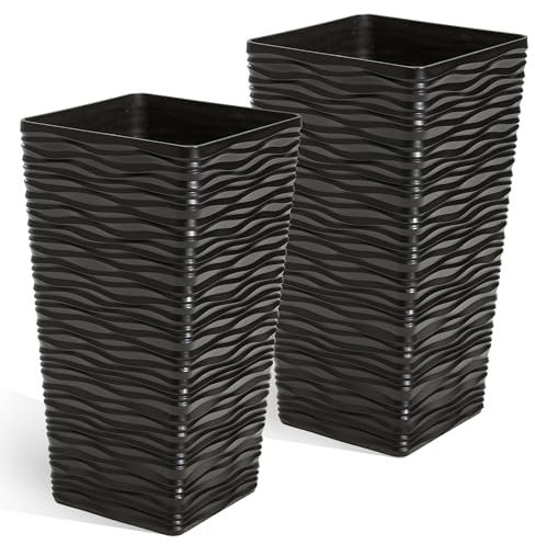 JonesHouseDeco Black Tall Planter 2Pcs Plastic Square Tree Planter 55cm Tall Tapered Planters for Indoor Outdoor Modern Wavy Finish Deco Front Door Planters for Porch Containers Patio Deck