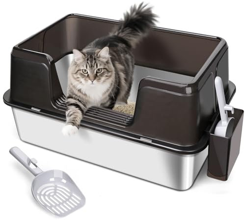 HEVOL Katzenklo Edelstahl XXL, Katzentoilette Edelstahl, Geruchsresistent Katzenklo Groß mit Hoch Rand, Auslaufsichere & Nicht klebrig XXL Katzenklo für Große Katzen, 60 L x 40 W x 31,5 H cm, Schwarze