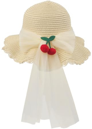 YJZQ Capeline en Paille Fille Chapeau de Plage en Dentelle Style Cerise Adorable 50-52cm Casquette Souple Grand Visière Chapeau Soleil Respirant pour Voyage