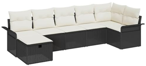 vidaXL 7-teiliges Gartensofa-Set mit Kissen in Schwarz aus Poly-Rattan | Modulares Design, wetterfest, Bequeme Sitzgelegenheit für draußen, moderner Lounge-Stil, verstellbar, für die Terrasse.
