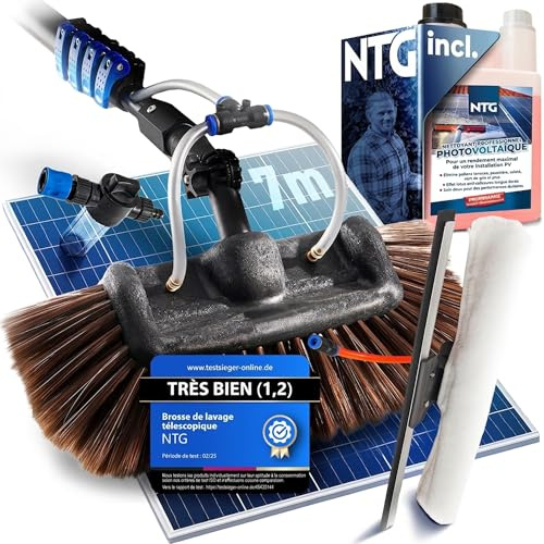 NTG Telescopic Washing Brush 1.68-7m 3-in-1 Brush Head with Extra Soft Bristles + Microfiber Cloth & Squeegee with Water Connector + Soap Dispenser for Window Solar (Up to 7 Metres + Cleaner)