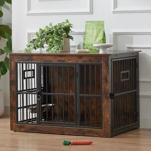 Gardner Pet Hundekäfig Möbel, Hundebox für Zuhause, 99x65x69 cm, Braun | Hundebox für Zuhause, Moderne Hundehütte Indoor, 3 Türen, Verstellbare Näpfe, Metall und Holz, Für mittlere Hunde