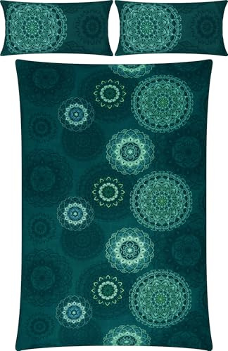 Erwin Müller Bettwäsche, Bettgarnitur Flanell - Mandala - mollig warm, temperaturregulierend, mit praktischem Reißverschluss - Petrol Größe 40x80 cm / 240x220 cm
