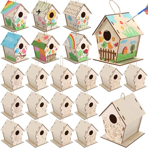 DoubleFill Vogelhaus aus Holz, Großpackung für Kinder, Vogelhaus-Set, Holzhäuser zum Selbermachen, unlackierte hängende Vogelhaus-Kits, Holzhandwerkshäuser zum Bemalen, Familienbasteln, geben Kindern