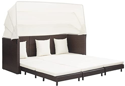 QJBSAVVA Gartensofa Braun 200 cm Poly Rattan mit Dach ausziehbares Outdoor Lounge Sofa wetterfestes Balkonmöbel Set Cremeweiße Kissen Modernes Design für Garten Terrasse kleinen Balkon