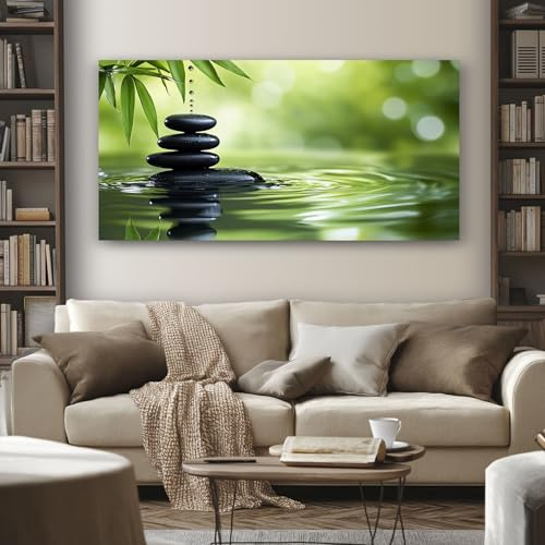 SKOEUI Wandbilder Zen Stein 80x160 cm Groß Leinwand Bilder Natur Bambus | Wohnzimmer für Schlafzimmer Büro Wanddekoration Modernes Rahmenlose Bild, Kunstdruck