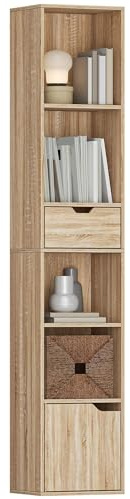 HOMCOM 6-Tier Bookcase, Tall Narrow Bookshelf with Drawer, Door, Adjustable Shelf, Modern Display Standing Shelving Unit for Living Room, Home Office, Bedroom, 30 x 24 x 158 cm, Natural Wood Finish