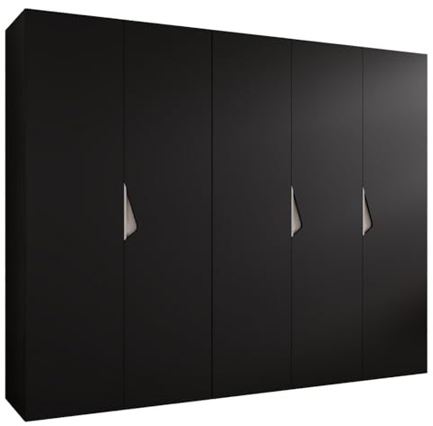 MEBLE KRYSPOL - Kleiderschrank - Garderobenschrank - 250 cm x 202 x 52 cm - Schrank mit Kleiderstange, 5 Türen - für Schlafzimmer, Flur - SANDI, Schwarz, Griff Kaschmir