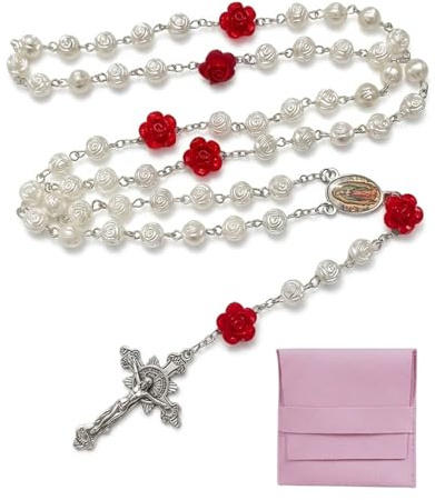 CATZUM Rosario Cattolico Collana Donna Rosa Bianca – Ideale Regalo Comunione Cresima Battesimo, con Elegante Sacchetto Regalo Rosa.