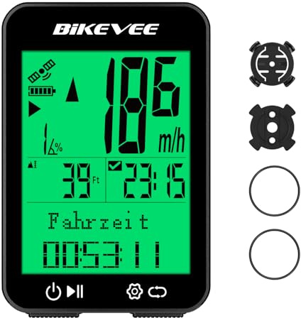 Bikevee GPS Fahrradcomputer Kabellos, 8 Sprachen, Nachtanzeige | IPX7 | Fahrradtacho mit grün beleuchtetem Display, 28 Std. Laufzeit und 50 g Leichtbau für Touren bei Tag und Nacht