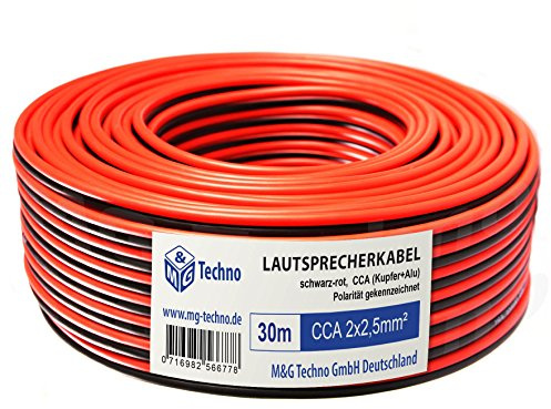 M&G Techno 30m Lautsprecherkabel (Single-Wire) 2 x 2,5mm² CCA (Kupfer+Alu) rund Schwarz-Rot, mit Metermarkierung