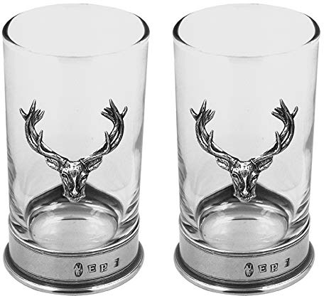 English Pewter Company, Highball Spirit - Coppia di bicchieri vetro con base e testa di cervo in peltro