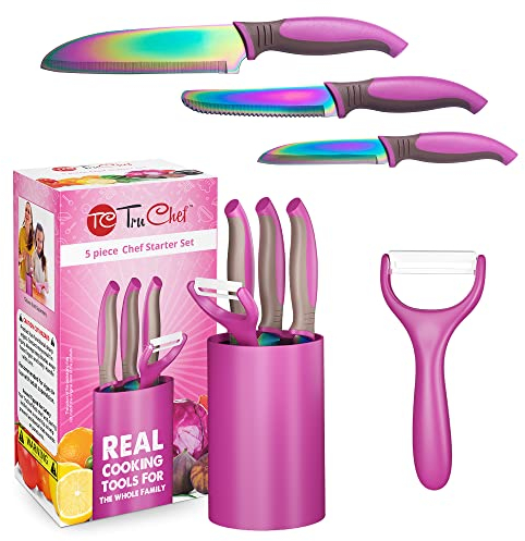 TruChef Lot de 5 couteaux de cuisine pour enfant, rose, inclus un couteau de chef, un couteau de cuisine, un éplucheur, des ciseaux et un support universel