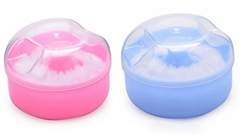 2pcs (bleu + rose) plastique recharge bébé enfant en bas âge soins de la peau après le bain cas poudre en vrac visage corps talc maquillage maquillage distributeur stockage avec Soft Sponge Puff