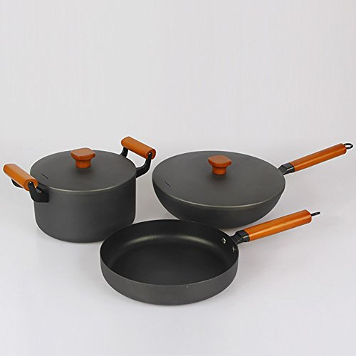 Batterie de cuisine en fonte avec poignée en bois (3 pièces) - Poêle ronde et plate - 26 cm - Wok rond de 30 cm - Faitout de 22 cm