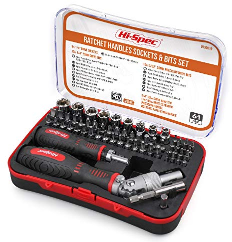 Hi-Spec 61pc 1/4” Hex Driver Bits & Socket Set with Right Angle Ratchet Handle. Easy Repairs with Torx & Small Precision Multi Bits. Screwdriver Bit Set in a Storage Case
