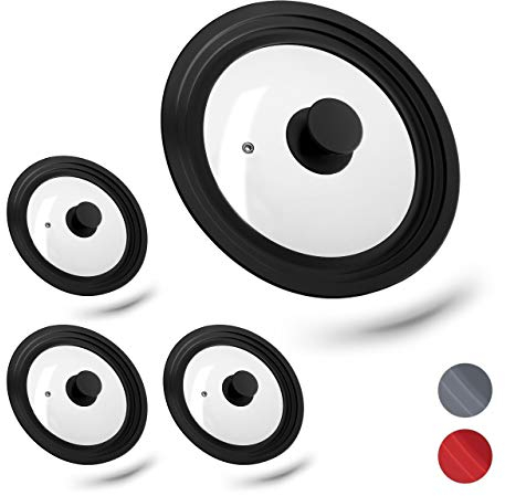 Relaxdays Lot de 4 couvercles universels, Verre, Universel, Rebord Silicone, Trou Vapeur, Casseroles, poêles, D 20-24 cm, Noir