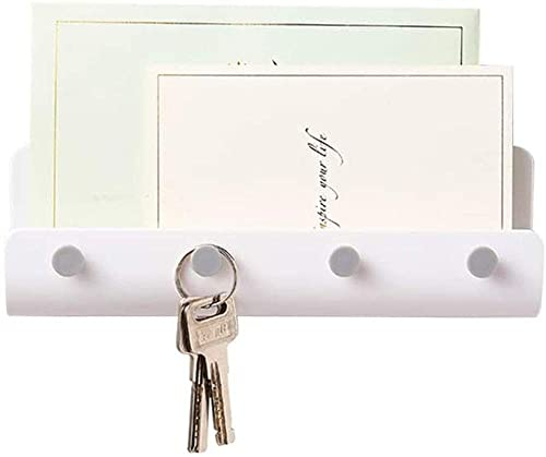 LuoCoCo Polyvalent Mail Support Mural avec 4 Crochets pour Clés, Adhésif Lettre Trieur Étagère Rangement et Accroche-clés pour Cuisine, Maison, Bureau Entrée, Porche (Blanc)