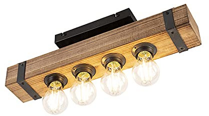 Qazqa - Industrie I Vintage I Smarte Industrie-Deckenleuchte I Deckenlampe I Lampe I Leuchte Holz mit stahl I nickel matt inkl. 4-flammig WiFi A60 - Reena I Wohnzimmer I Schlafzimmer - Länglich - LED