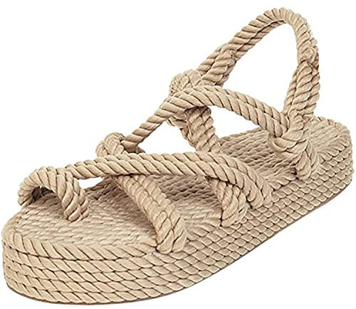 MIAOZHANG Sandales Femmes Plat Lin Corde Plate-Forme Femme Bout Ouvert Chaussures sans Lacet,Beige,EU 37