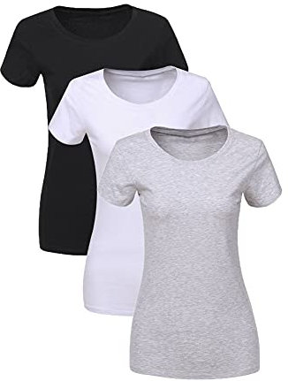 LiKing Camisetas para Mujer Manga Corta Algodón Cuello Redondo Top Casual para Verano,Pack de 3 6101 Multicolor 6101-BWG-M-3