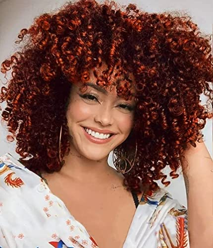 ColourfulPanda Afro Perücke Ombre kupferrote Synthetische Verworrene Lockige Natürliche Haar für Frauen,Kinky Curly Wig mit Pony kurze Perücken für Schwarze Damen (Ombre rot braun)