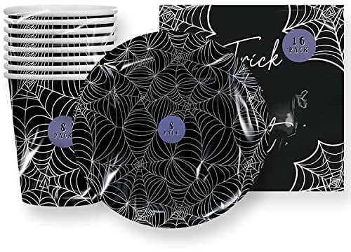 AKH® Halloween Disposable Dinnerware Set | 8 Halloween Paper Plates | 16 Halloween Napkins | 8 Halloween Paper Cups | Halloween Disposable Spooky Themed Party Supplies | Black