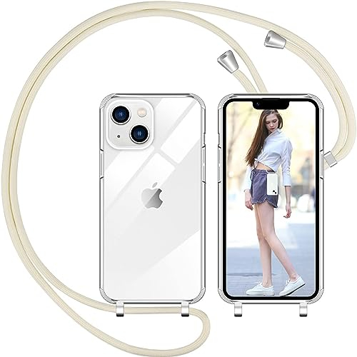 Nupcknn Handykette für iPhone 14 Hülle mit Band,Ultra Dünn Transparent Handyhülle (Abnehmbar) Necklace mit Kordel zum Umhängen Kameraschutz Handy Kette Stossfest Schutzhülle(Beige,6.1)