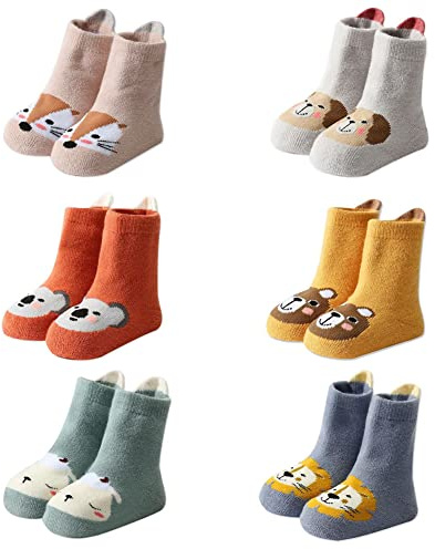 FedMois Pack de 6 Calcetines Térmicos Invierno de Algodón Antideslizantes para Bebé Niño Niña, Animales, 0-1 año