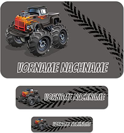 50 x personalisierte Namensaufkleber Sticker mit Wunschname Klebeetiketten zum Markieren Stifte Hefte mit Kinder Name Schule Kindergarten Aufkleber Set (04 Monstertruck)