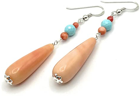 Orecchini con Lunghe Gocce Rosa Corallo e Turchesi, Pendenti in Argento 925 Made in Italy, Gioielli Estate, Regalo per Lei