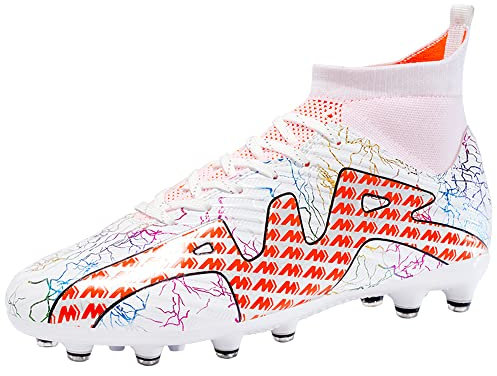 VTASQ Football Boots Men's High Top Spike Boy's Outdoor Soccer Shoes Professional Athletic Training Shoes Competition Football Shoes Cleats Sneakers Unisex White/Orange 10.5 UK