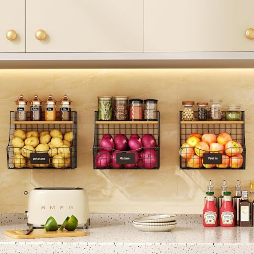 Jautokerdar Obstkorb für die Küche mit Holzdeckel, Zwiebel- und Kartoffelaufbewahrung, stapelbarer Aufbewahrungskorb, hängende Metalldrahtkörbe, Küchen-Arbeitsplatten-Organizer, Speisekammer, 3er Pack