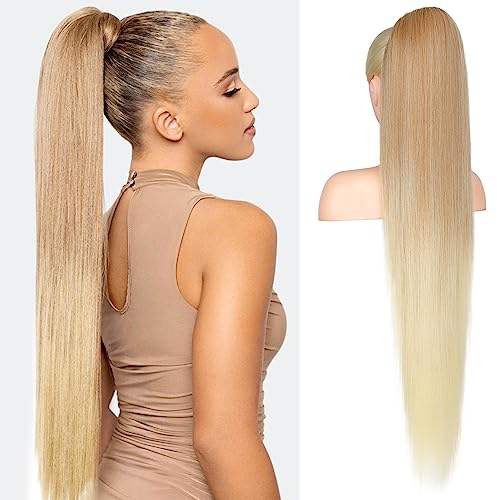Flufymooz Ponytail Extension Pferdeschwanzverlängerung, 91 cm langer gerader Pferdeschwanz mit Kordelzug, Lockiger Pferdeschwanz Synthetisches Haarteil für Damen(Dunkelblond bis Hellblond)