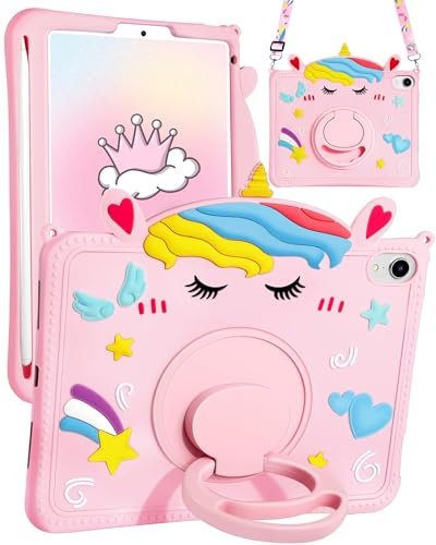 Gurgitat for iPad mini A17 Pro/6 Generation Case - 8.3 Inch Mini 7th/6th 2021 Gen Case with Pen Holder Cute Cartoon Unicorn Silicone Tablet Cover with Rotating Stand & Strap Girly Teens Girls Funda