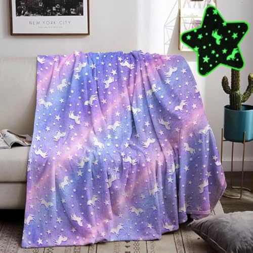 HZVRTN Kuscheldecke Kinder Einhorn/Dinosaurier/Weltraum Decke, kuscheldecke leuchtet im Dunkeln, warme Decke Flauschige Geschenke für Jungs mädchen Sofa Kinderdecke (Einhorn E, 150x200cm)