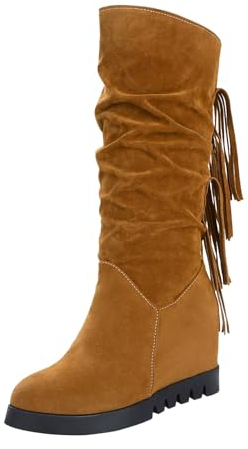 Generico Stivali Donna Invernali Zeppa Beige Scamosciati Tacco Interno Gambale Curvy Pianta Larga Bianchi Sneakers