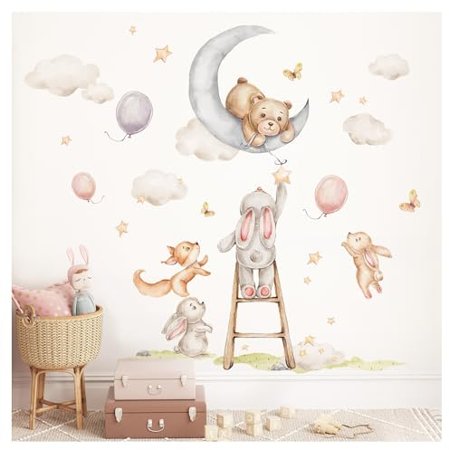 Little Deco Wandsticker Bär auf Mond Kinderzimmer Wandtattoo Waldtiere Luftballons Babyzimmer Wandaufkleber Schlafzimmer Wanddeko DL5016-03