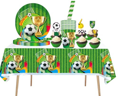 Aszaui 43 Pièce Decoration Anniversaire Football,Anniversaire Football Garçon,Vaisselle Anniversaire Football Assiettes,Pailles,Tasse,Nappe,pour 10 invités