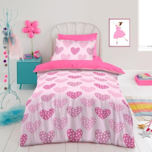 Lions Kids Hearts Bedding Set, Soft 100% Microfibre Polyester, Single Bed Size Duvet Covers with Matching Pillow Case, Quilt Cover for Girls, 137x200cm