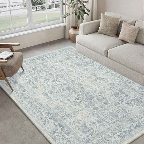PureCozy Blauer Teppich, maschinenwaschbar, Vintage, Wohnzimmer, Used-Look, rutschfest, traditioneller Innenbereich, Schlafzimmer, Retro-Blumenakzent, Überwurf, großer Teppich, Büro, Küche,