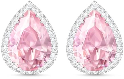 Linawe Pink Earrings Studs for Women, Silver Imitation Diamond Morganite Teardrop Cartilage Stud Earrings Set, Wedding Bridal Iridescent Rhinestone Crystal Sparkly Bridesmaid Jewellery