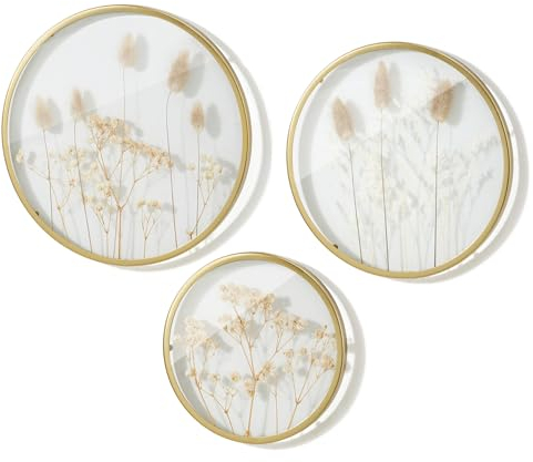 WPAJIRZO Wanddeko Boho Stil Glasrahmen mit gepressten Trockenblumen, 3er Set, Wand Dekoration Getrocknete Blumen & Gras im Doppelglas Frühlingsdeko Zimmer Deko, D16, 22, 25 cm