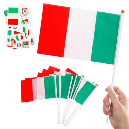 Italy Flags on Sticks 10pcs Double-Sided Polyester Italian Hand Held Flags, small Italy Flag for Italian Decorations, Six Nations Rugby, Indoor or Outdoor Euro/World Cup Football Party